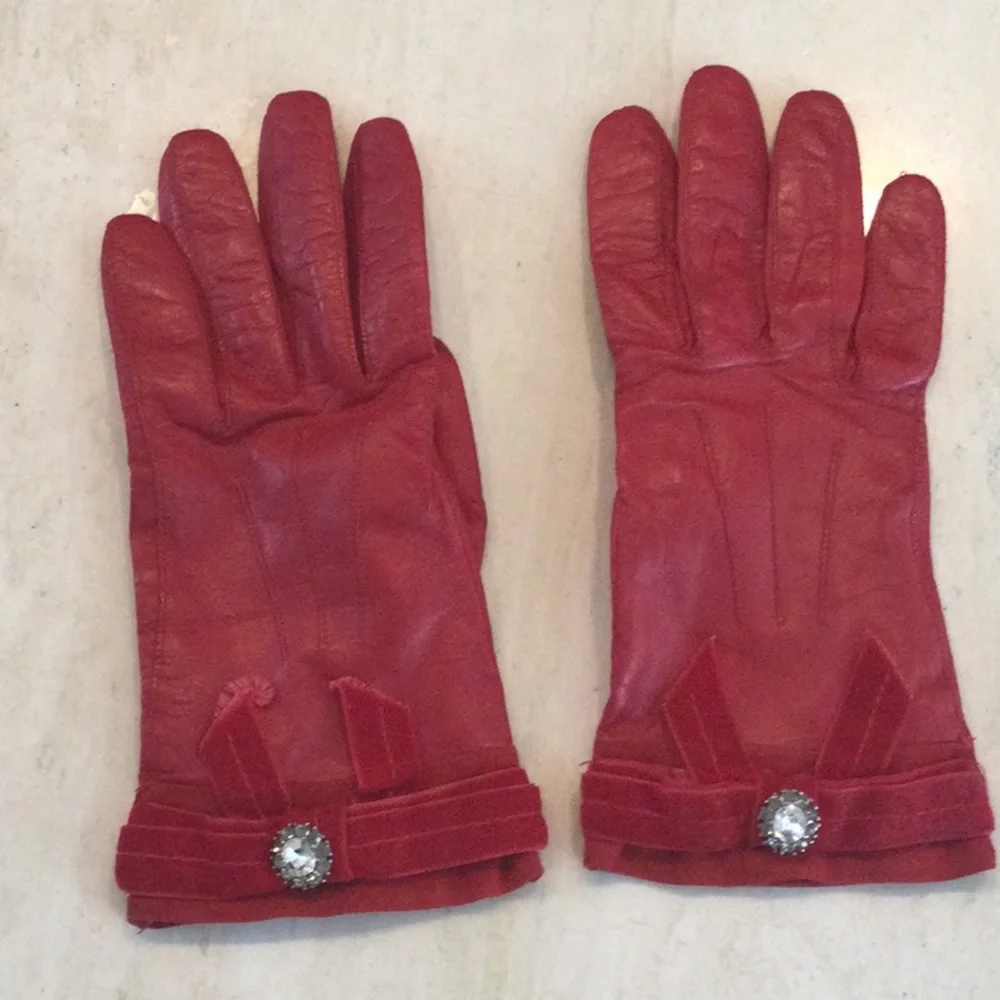 Vintage Coach Red Leather Gloves Silk Lining Women Size 8 Velvet Trim Rhinestone